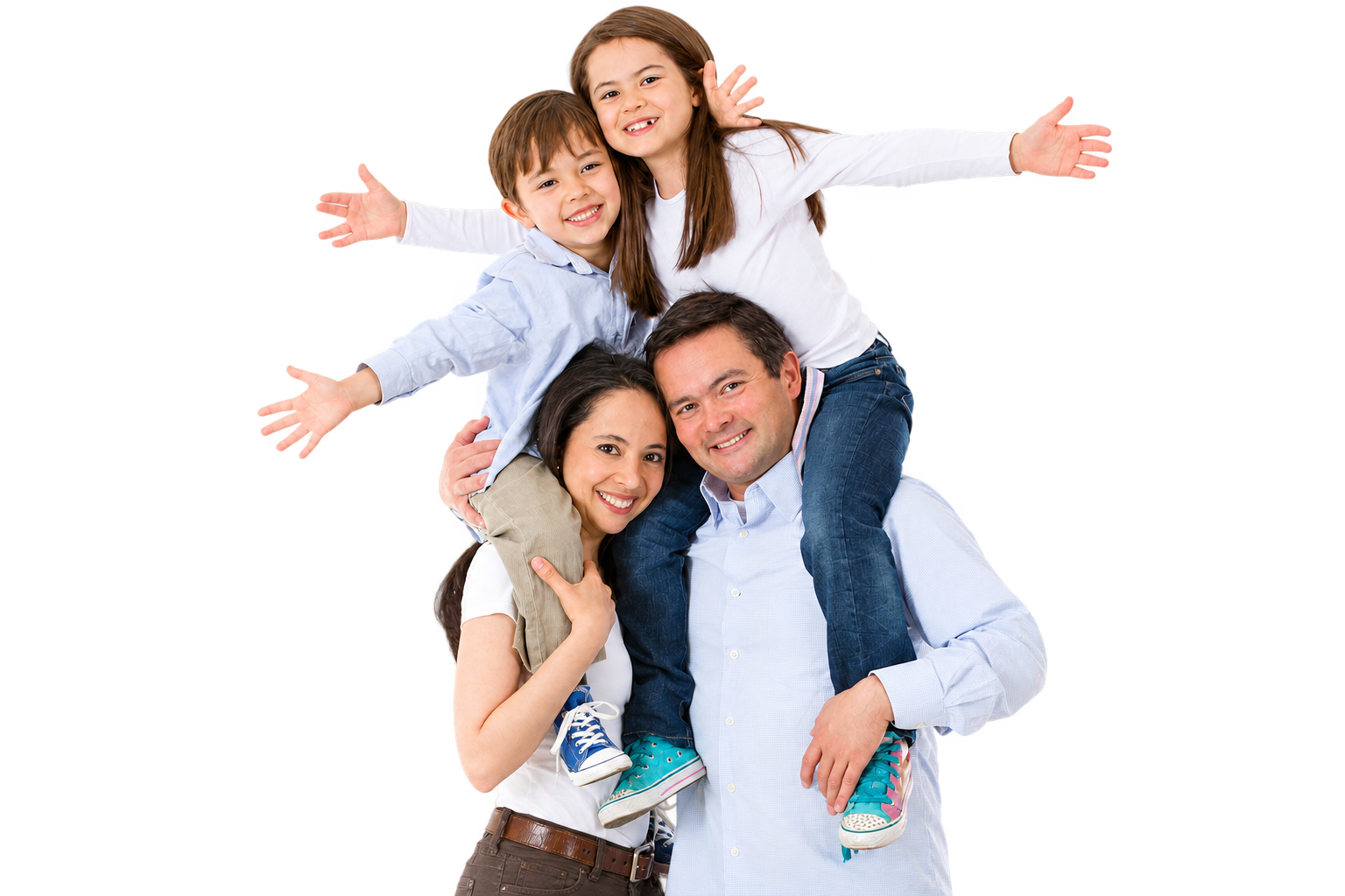 Family of four smiling together