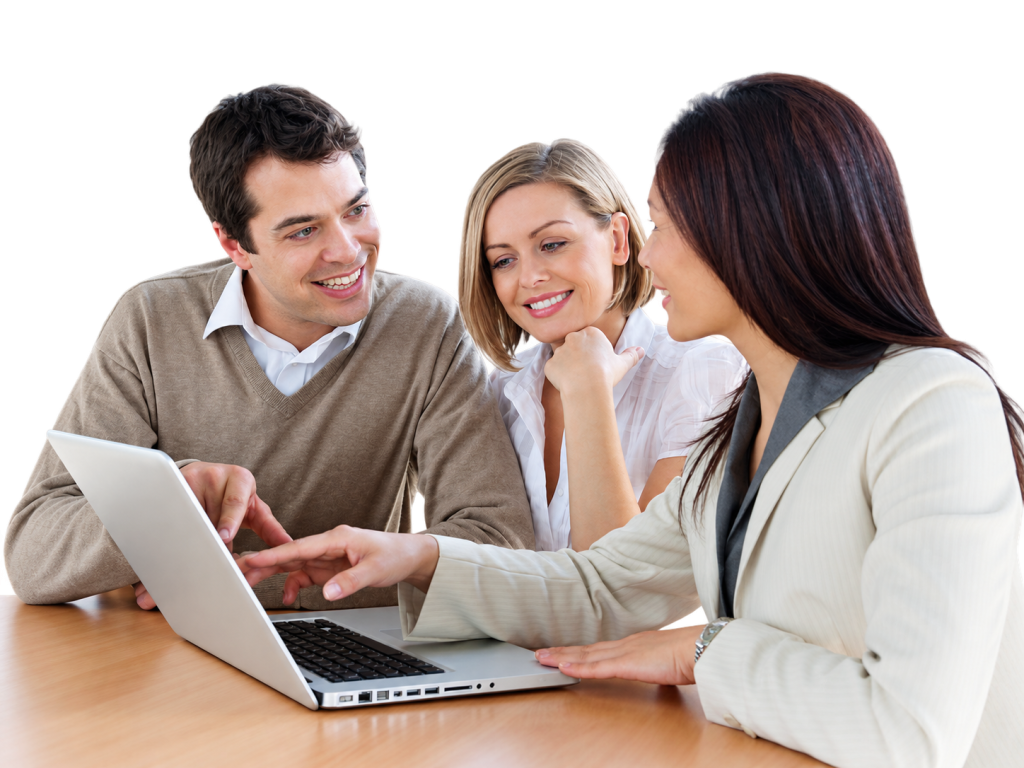 Advisers meeting with clients at a laptop